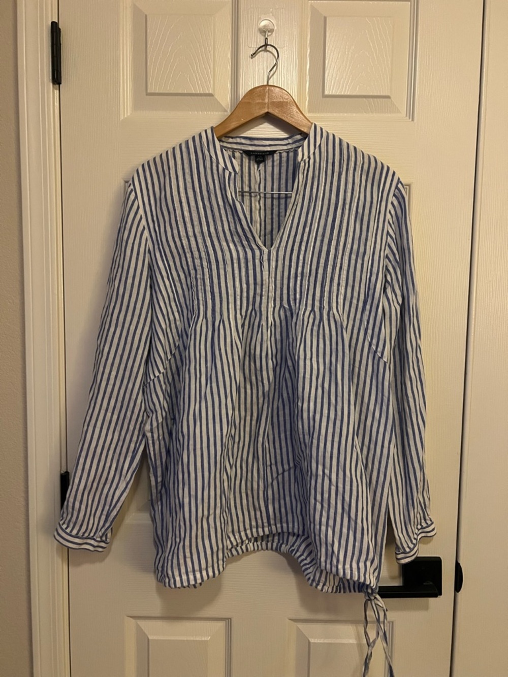 Lands' End 100% Linen Blue and White Striped Shirt/Beach Cover Up